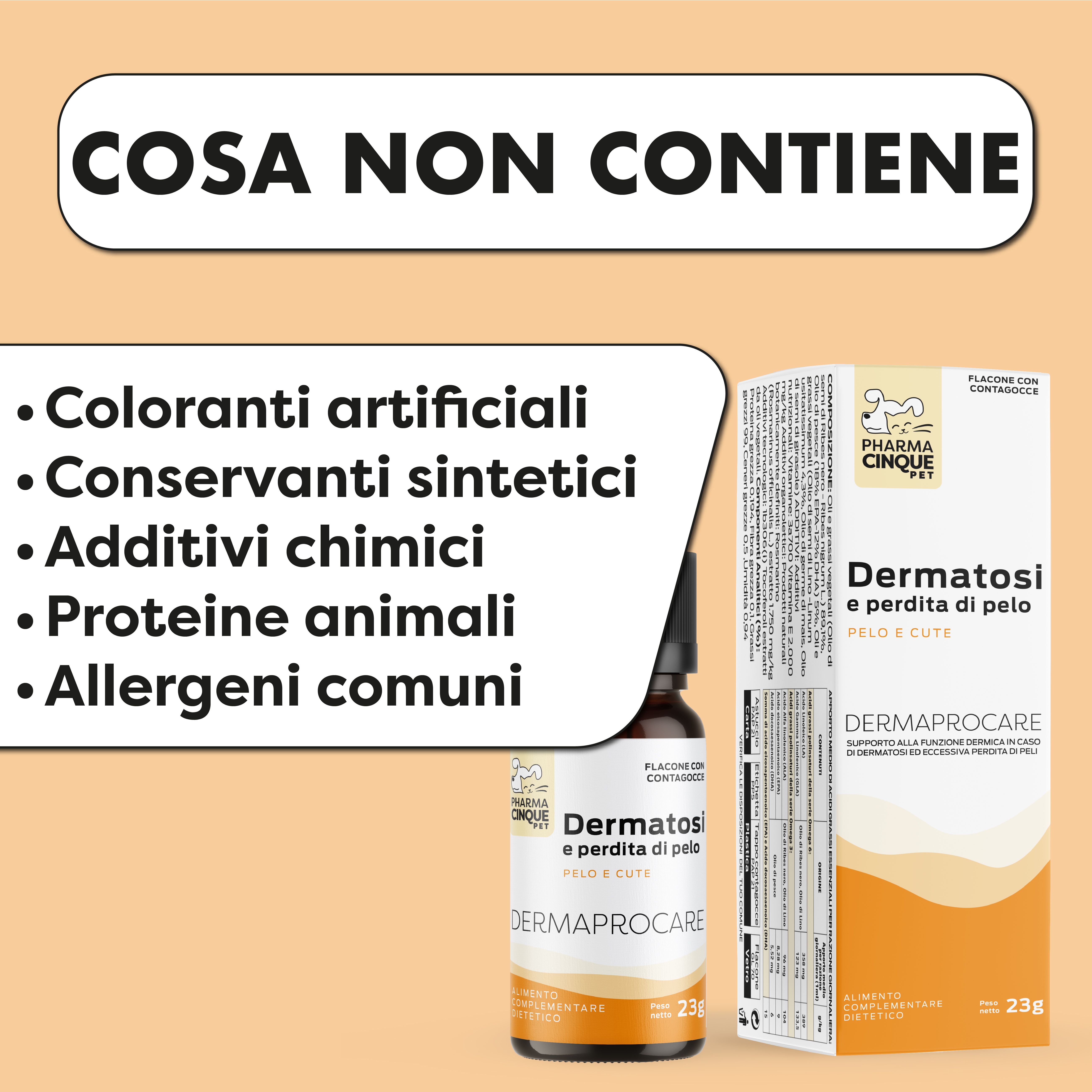 Flacone e scatola DERMAPROCARE. Non contiene: coloranti artificiali, conservanti sintetici, additivi chimici, proteine animali, allergeni comuni.