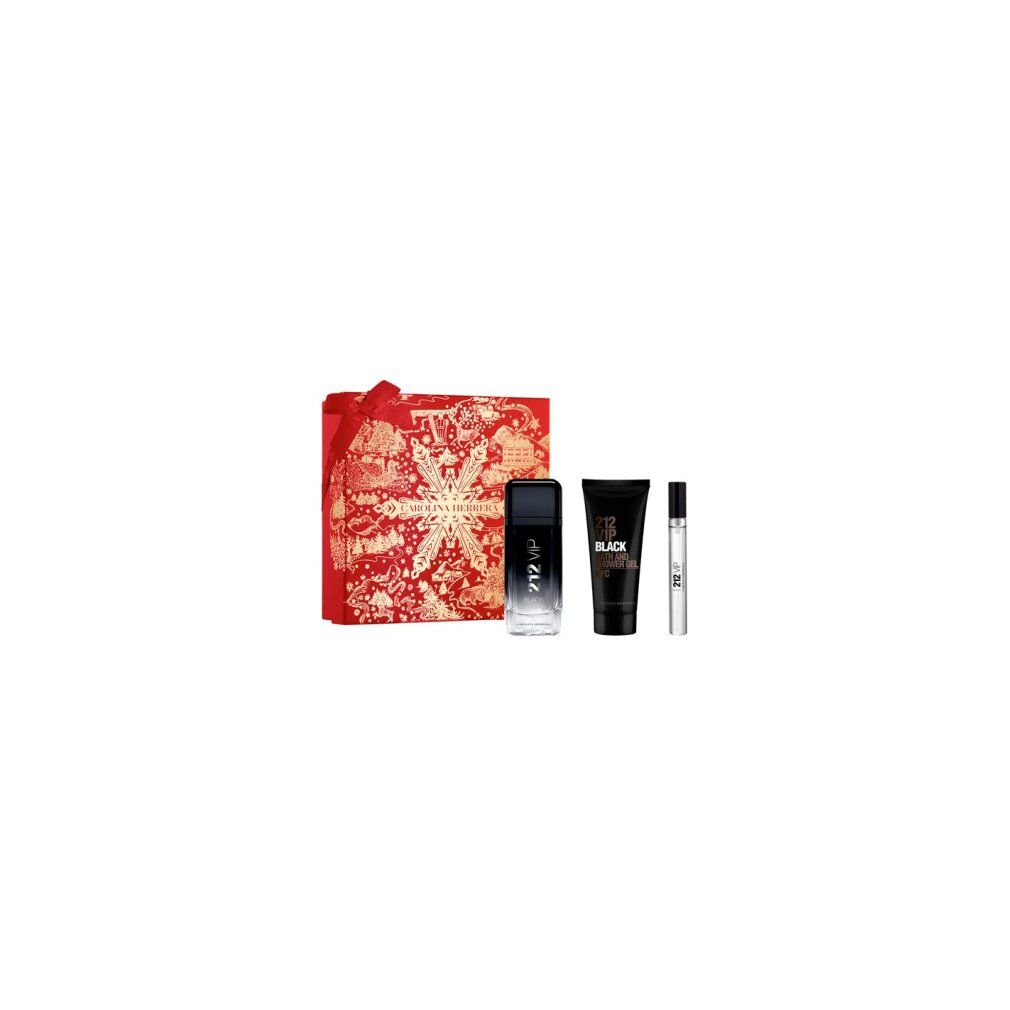 Set regalo con scatola rossa, flacone, gel doccia e vaporizzatore. Scritta: 212 VIP Black.