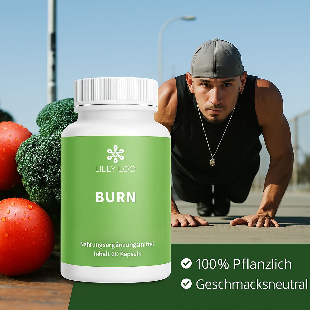 Flacone bianco con etichetta verde. Scritta: LILLY LOO, BURN. Uomo che si allena sullo sfondo. 100% Vegetale, Neutro al gusto.