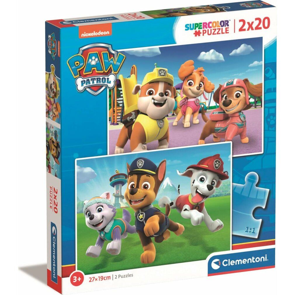 Tre personaggi di Paw Patrol su un parco giochi. Cane giallo, cane rosa, cane marrone. Sfondo: parco giochi con scivolo e cielo nuvoloso.