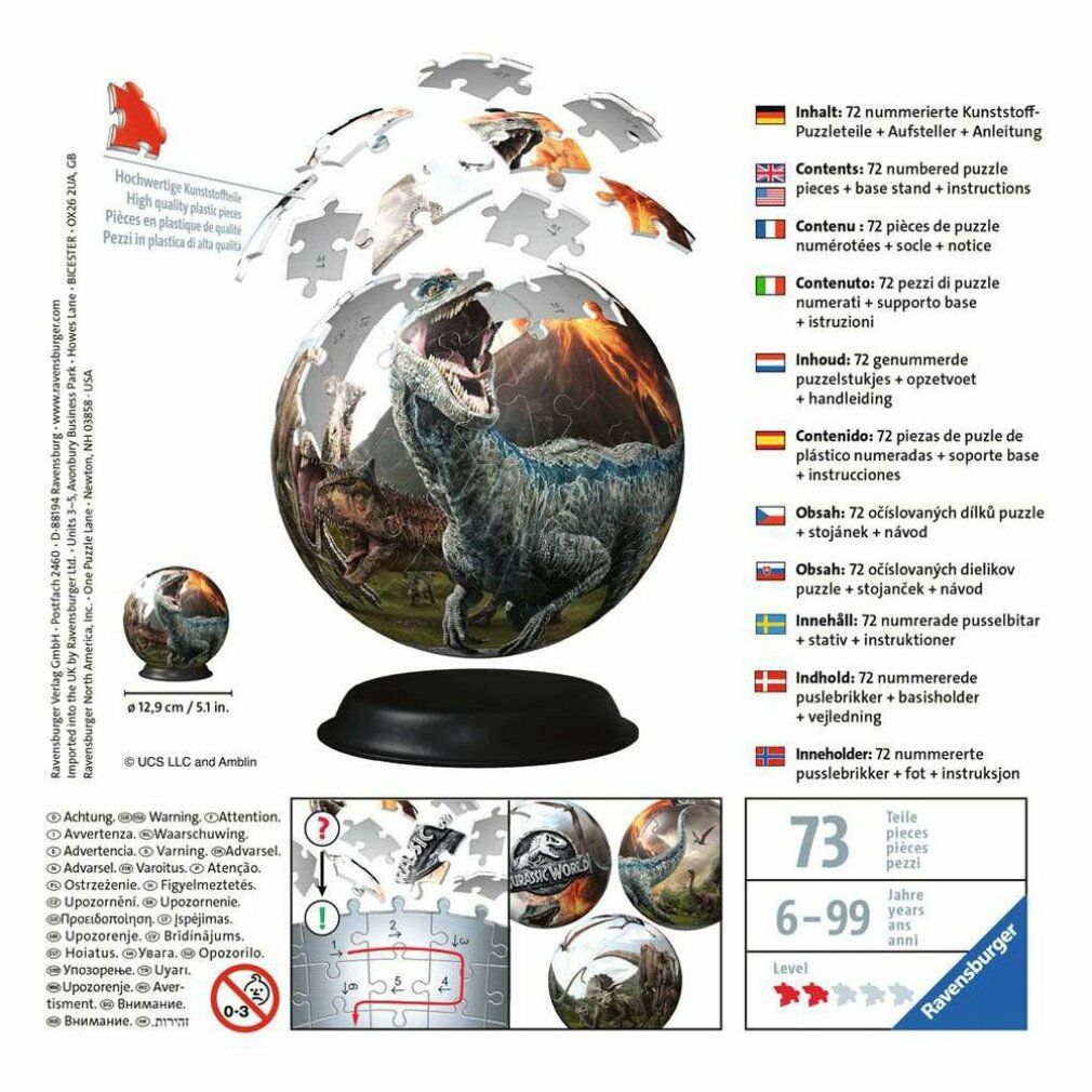 Vista esplosa del puzzle 3D. Contiene 72 pezzi numerati, base e istruzioni. Produttore: Ravensburger. Motivo: dinosauri.