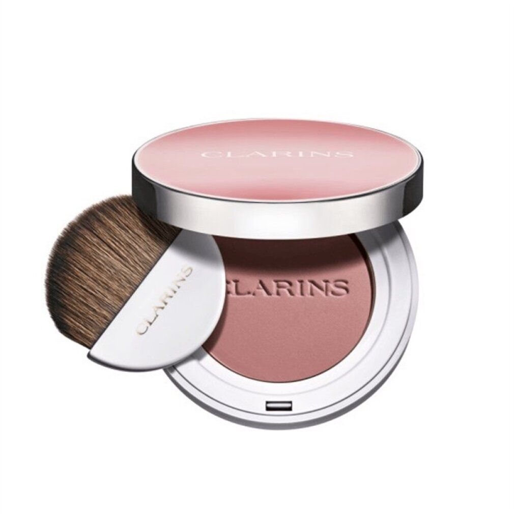 Fard in polvere compatto rotondo con pennello. Coperchio con scritta CLARINS. Polvere rosa. Pennello con manico bianco. Scritta CLARINS.