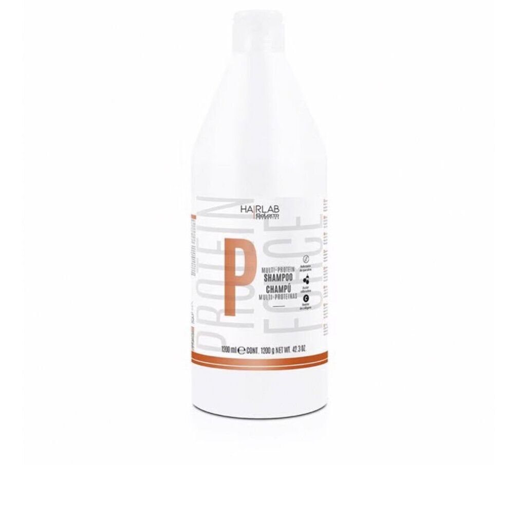 Flacone bianco con fascia arancione. Scritta: HAIR LAB, PROTEIN, Multi-Proteinas Champú. 1000 ml.