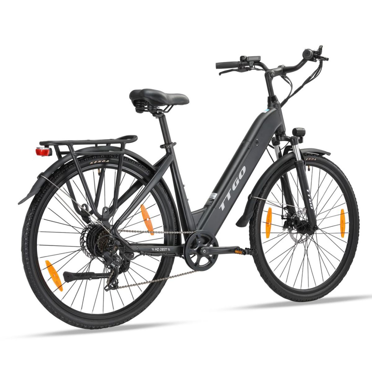 E-bike nera TTGO. Portapacchi, parafanghi, fari e catarifrangenti. Pneumatici Kenda.