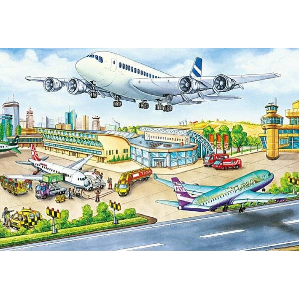 Puzzle con scena aeroportuale. Aerei, edifici, veicoli e persone. Vari aerei decollano e atterrano.