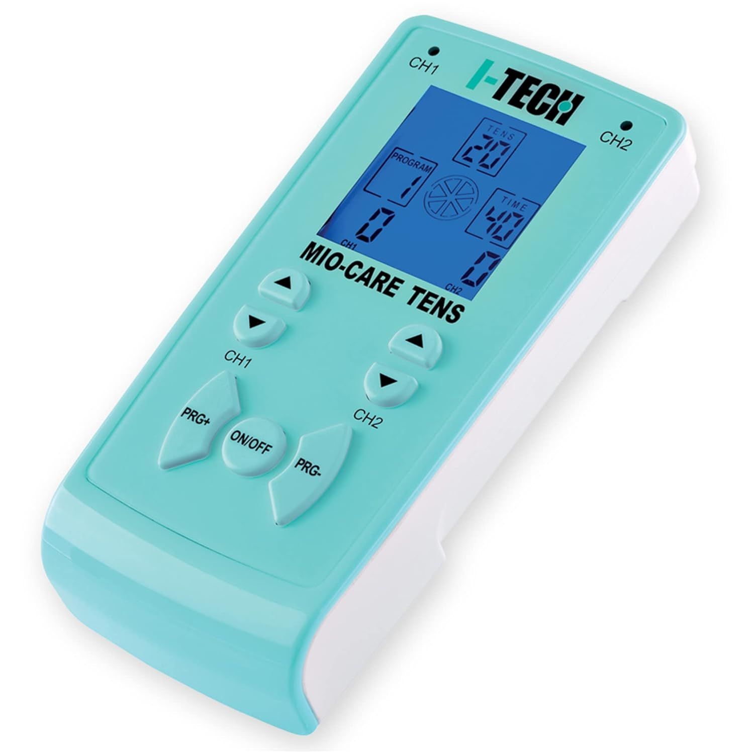 Dispositivo di elettroterapia con display blu. Pulsanti CH1, CH2, PRG+, ON/OFF, PRG-. Mostra programmi, intensità e tempo. Marchio I-TECH.