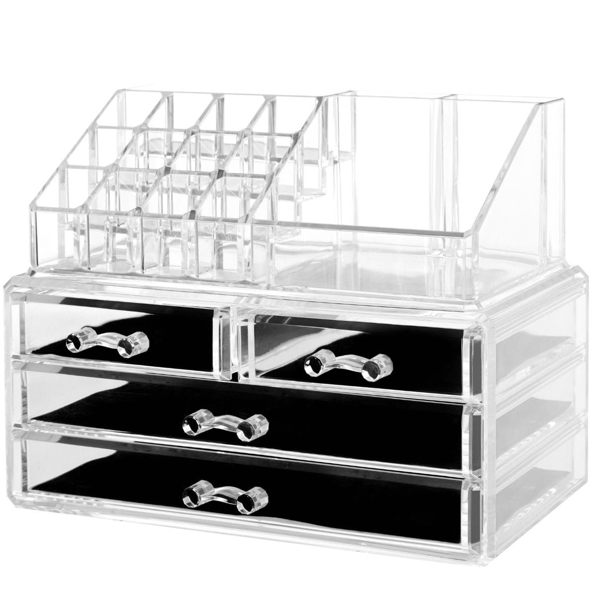 Organizzatore cosmetico trasparente in acrilico vuoto con molti scomparti per rossetti e cassetti.