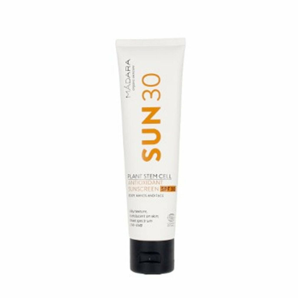 Tubo bianco con tappo nero. Scritta SUN30 e Madara. Testo: Plant Stem Cell Antioxidant Sunscreen SPF30. Per corpo, mani e viso.