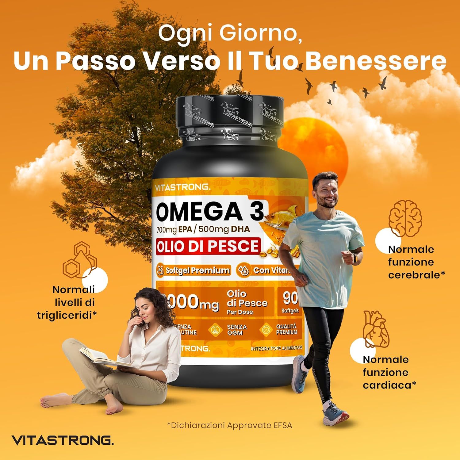 Bottiglia Vitastrong Omega 3. Uomo che fa jogging, donna che legge. Grafici: cervello, cuore, trigliceridi. Testo: 'Un passo verso il tuo Benessere'.