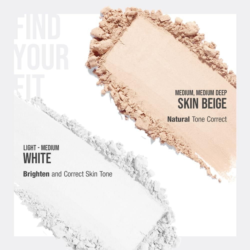 Due colori di polvere: bianco e beige. Testo: 'Light-Medium White' e 'Medium, Medium Deep Skin Beige'.