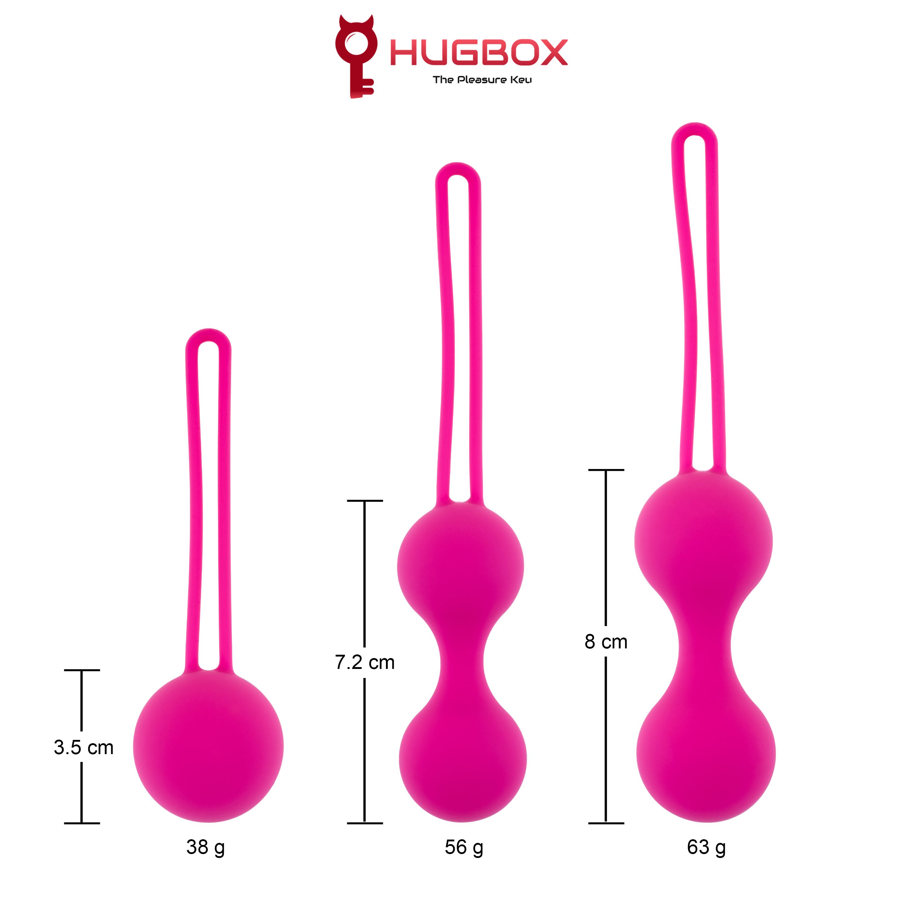 Tre sfere rosa con anelli. Dimensioni: 3,5 cm, 7,2 cm e 8 cm. Peso: 38 g, 56 g e 63 g. Logo HUGBOX.