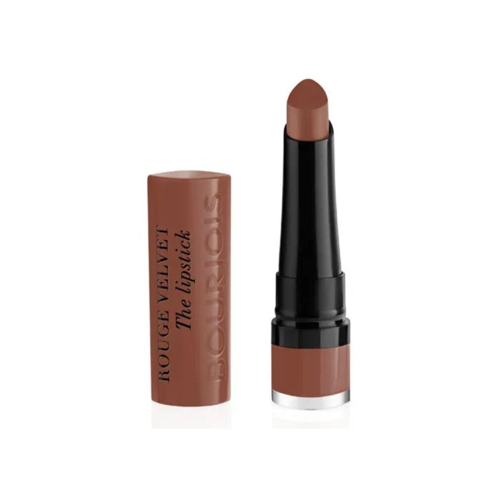 Rossetto aperto, tubo marrone con testo. Rossetto marrone chiaro. Sfondo bianco.