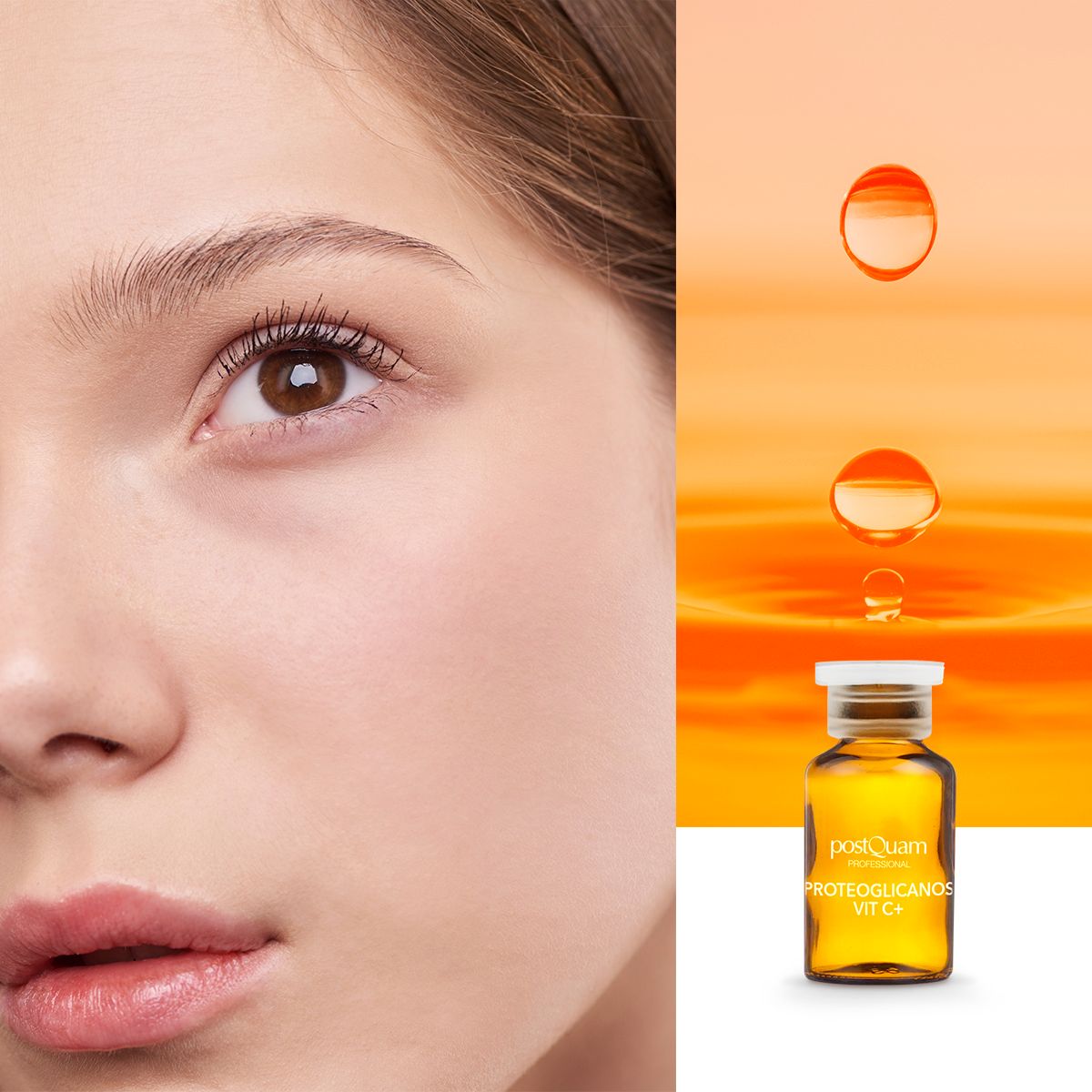Volto di donna e illustrazione di gocce e una fiala. Scritta: Proteoglicanos Vit C+.