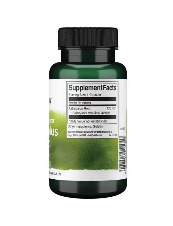 Retro di un flacone verde con capsule. Scritta: SWANSON, Astragalus Root. Informazioni nutrizionali.