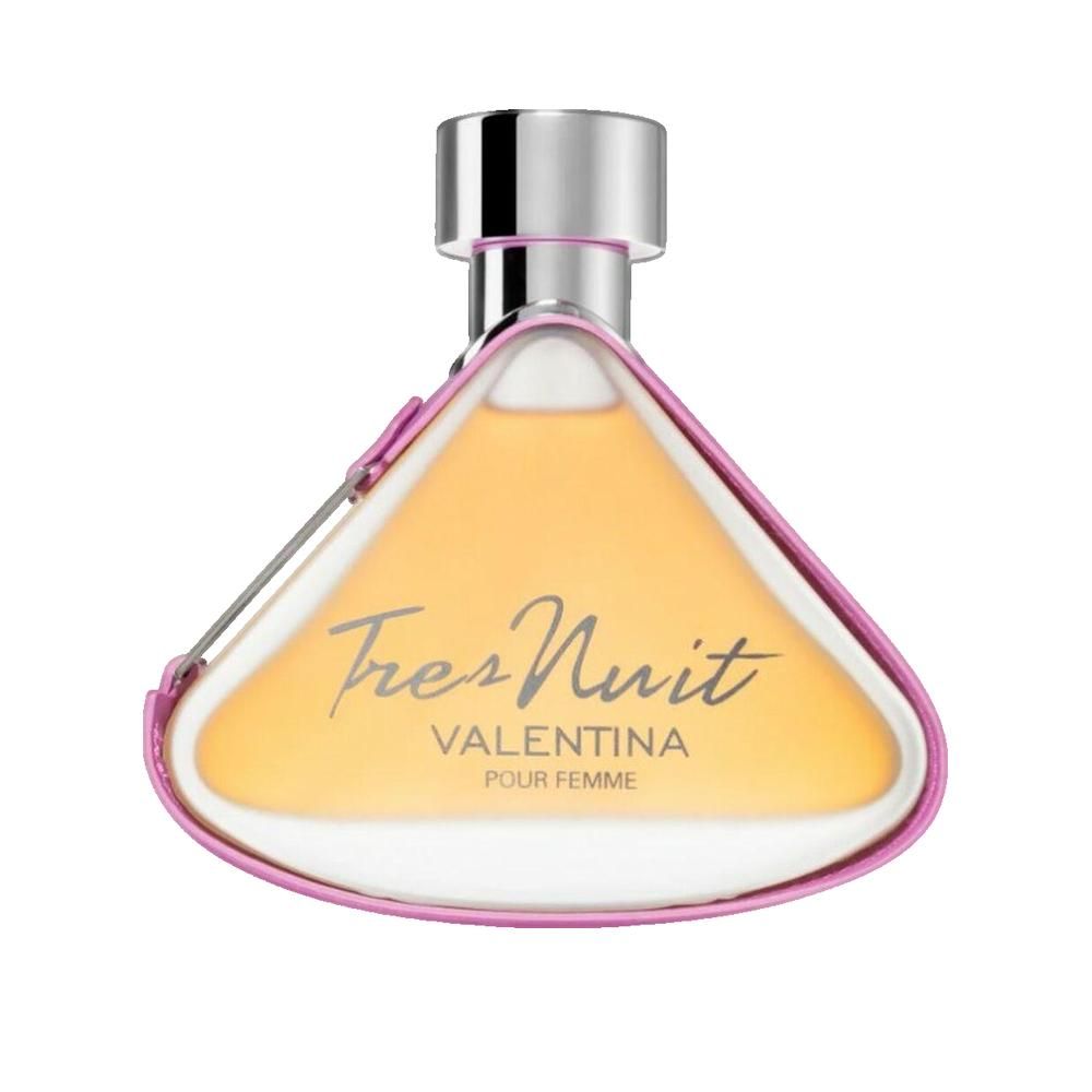 Flacone di profumo triangolare, bordato di rosa. Scritta: Tres Nuit Valentina pour femme.