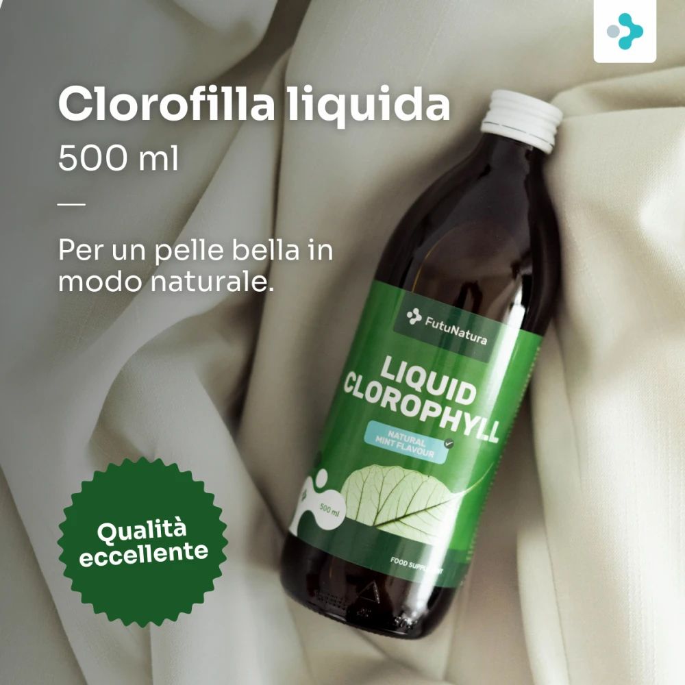Donna che tiene una bottiglia di FutuNatura Clorofilla Liquida, sorridente, con testo "Clorofilla Liquida".