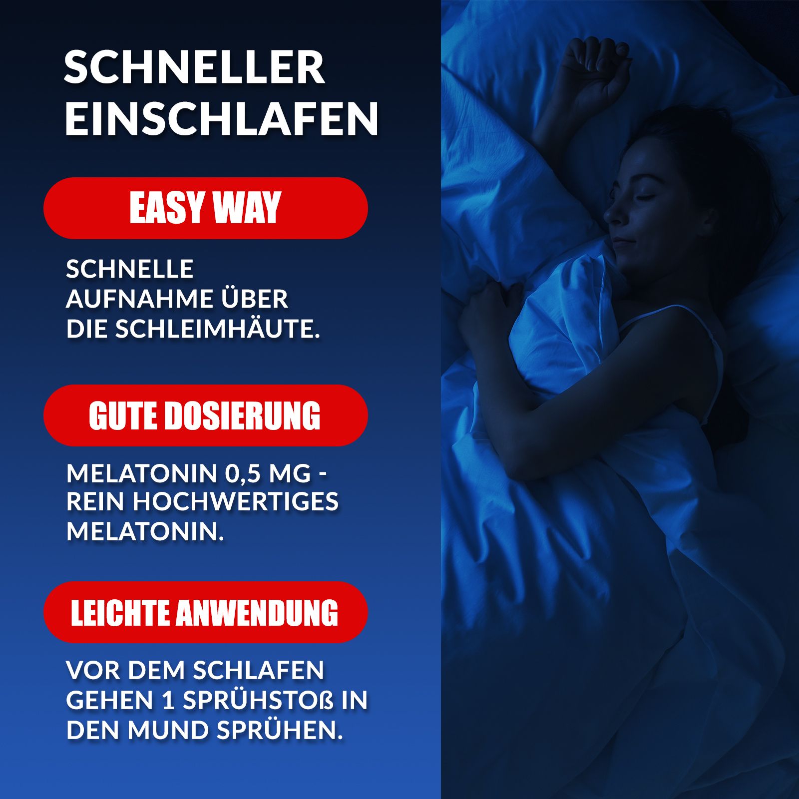 Infografica. Testo: "Addormentarsi più velocemente". Melatonina 0,5 mg. Uso: 1 spruzzo in bocca. Donna a letto.