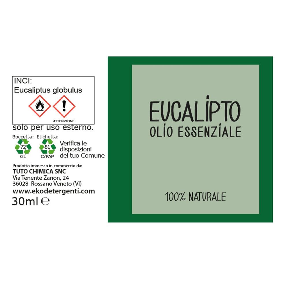 Olio essenziale di Eucalipto, flacone da 30ml etichettato, 100% naturale.