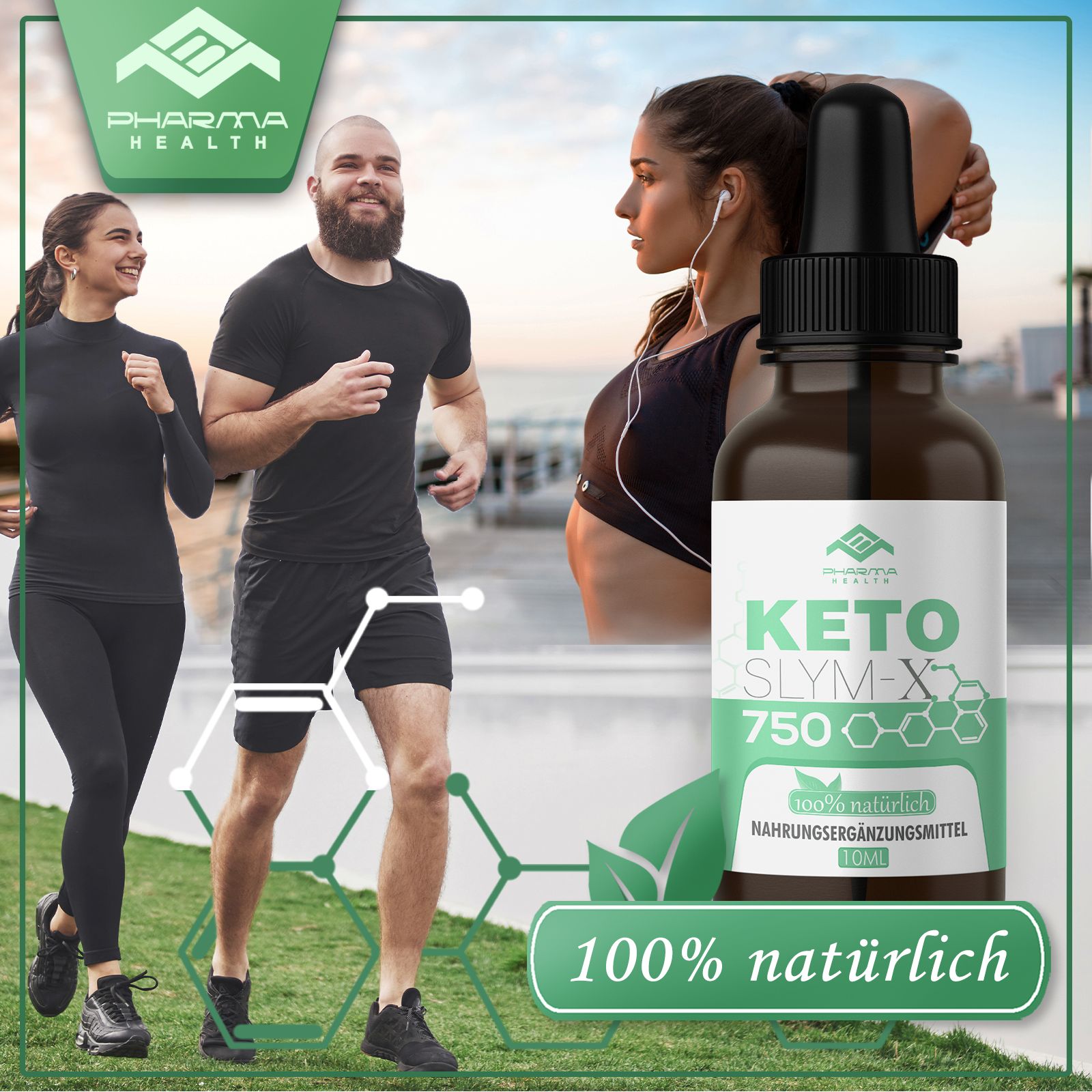 Flacone di vetro marrone con contagocce nero. Etichetta verde con testo: Keto Slym-X 750, 100% naturale, 10 ml. Persone che fanno jogging.