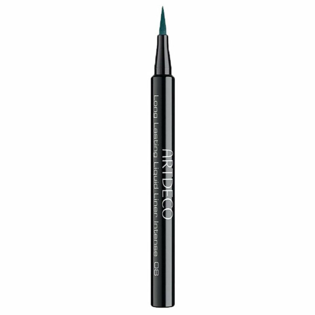 Eyeliner liquido verde. Penna nera con punta verde. Scritta: ARTDECO, Long Lasting Liquid Liner Intense 08.