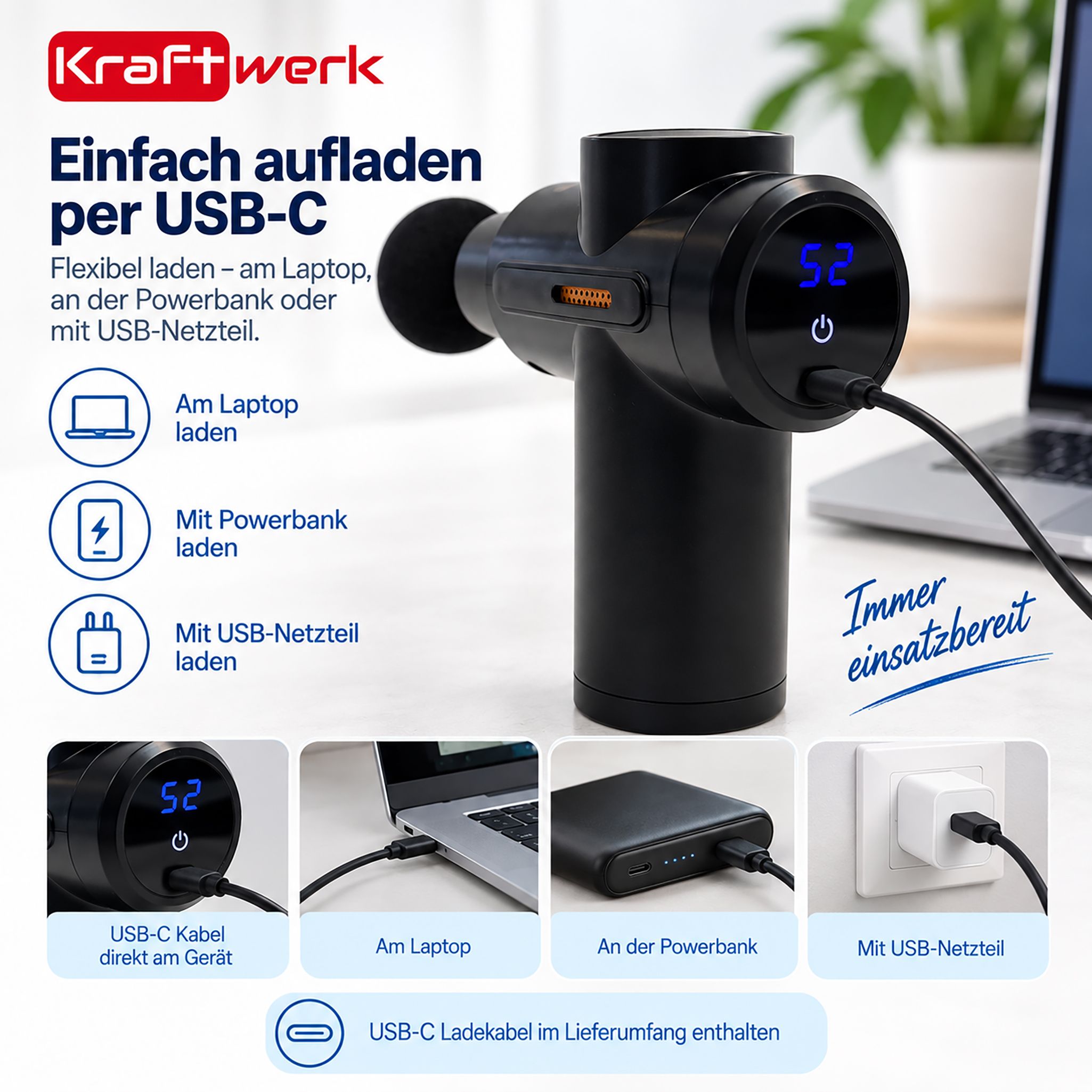 Pistola massaggiante caricata via USB-C con laptop, powerbank o alimentatore.