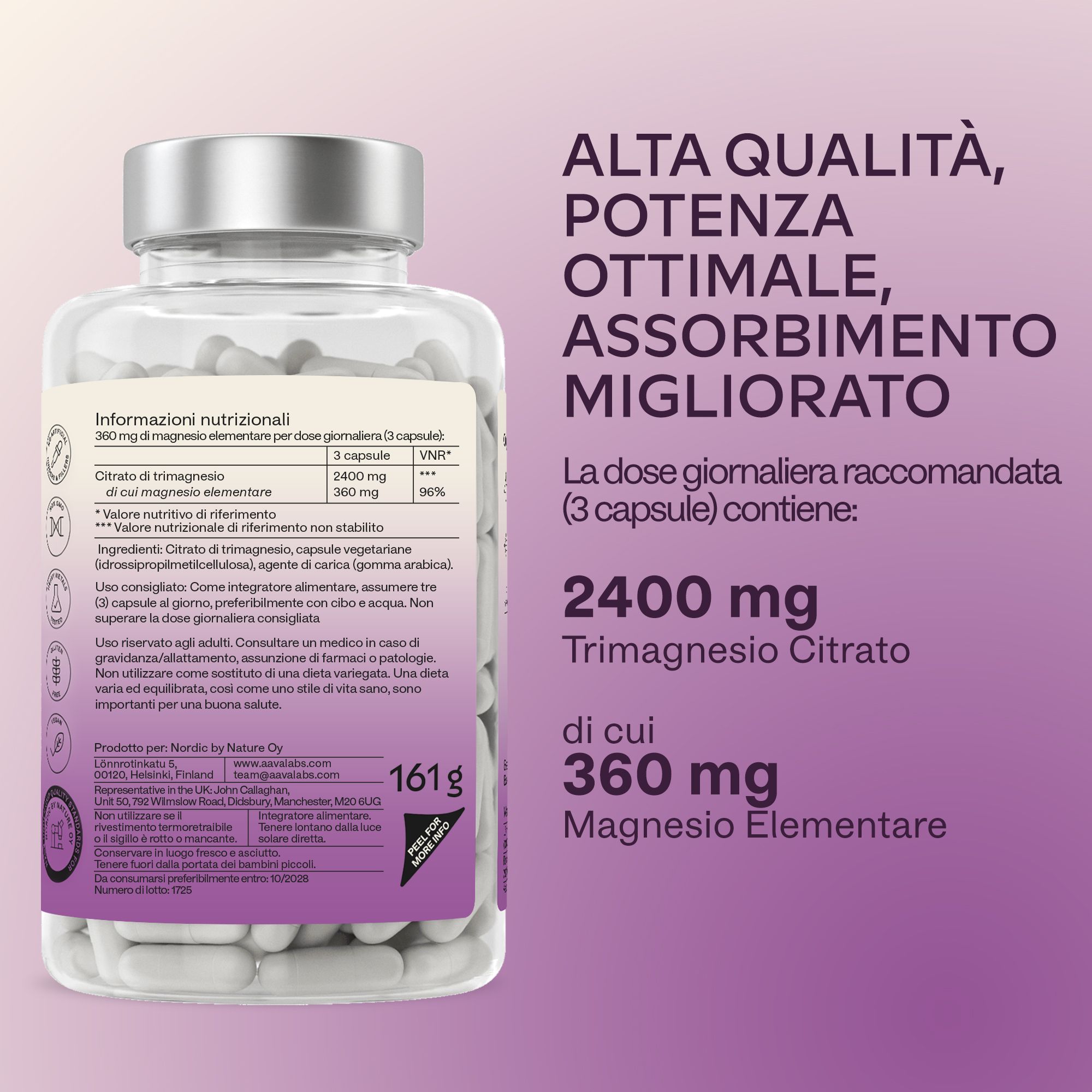 Retro di un flacone di magnesio citrato con informazioni nutrizionali italiane.