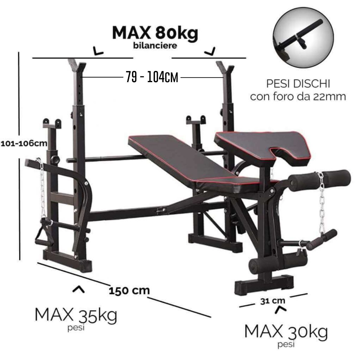 Panca fitness con dimensioni e indicazioni di peso. Carico massimo 80 kg, 35 kg e 30 kg. Dimensioni: 150 cm x 79-104 cm x 31 cm.