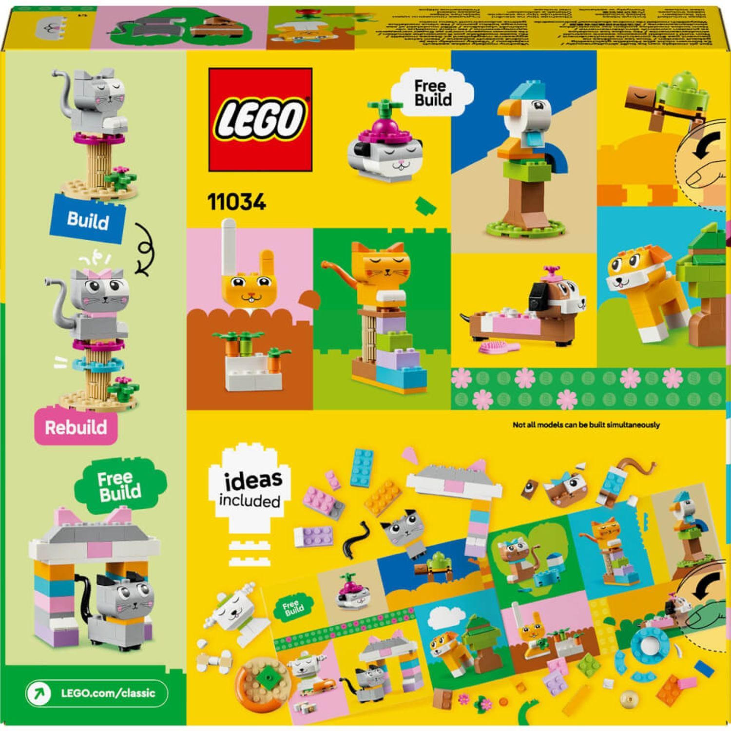 Retro della scatola LEGO Classic con istruzioni per figure di animali. Cane, gatto, uccello e coniglio.