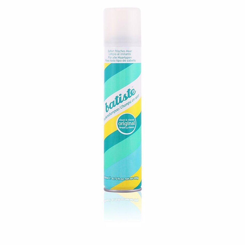 Flacone spray cilindrico di shampoo secco. Scritte: Batiste, Original, Dry Shampoo. Colori: turchese, giallo e bianco.