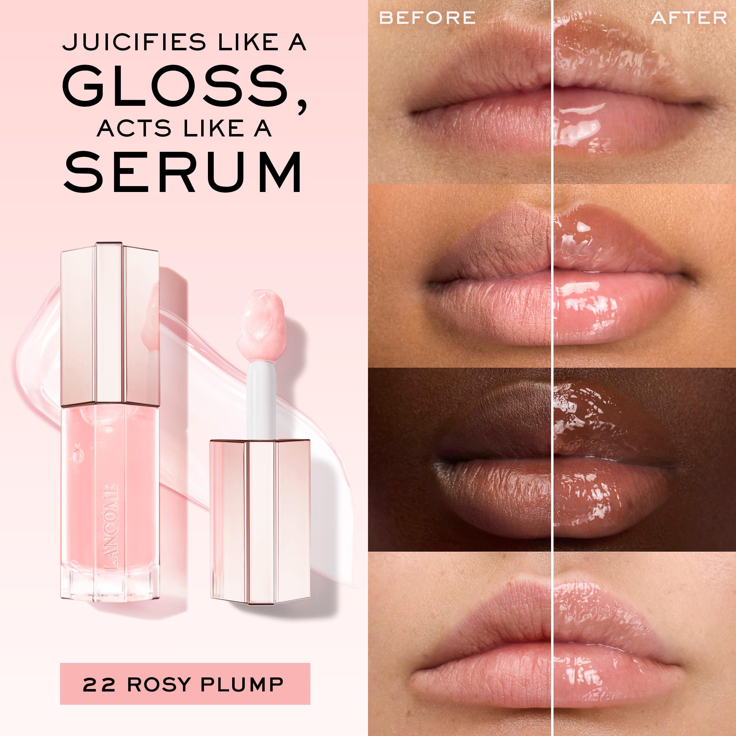 Lancôme Lip Idôle Juicytreat N°22. Prodotto e labbra con effetto lucido. Confronto prima-dopo. Testo: Juicifies like a gloss, acts like a serum.