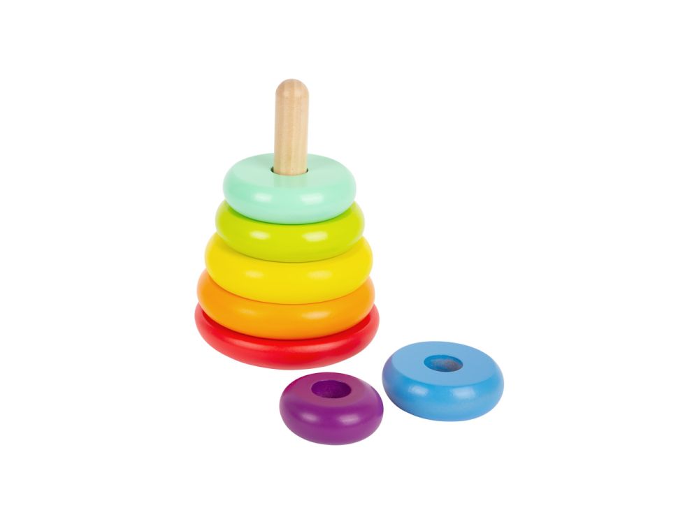 Torre impilabile con asta in legno e 6 anelli colorati. Due anelli sono accanto. Colori: rosso, arancione, giallo, verde, turchese, viola.