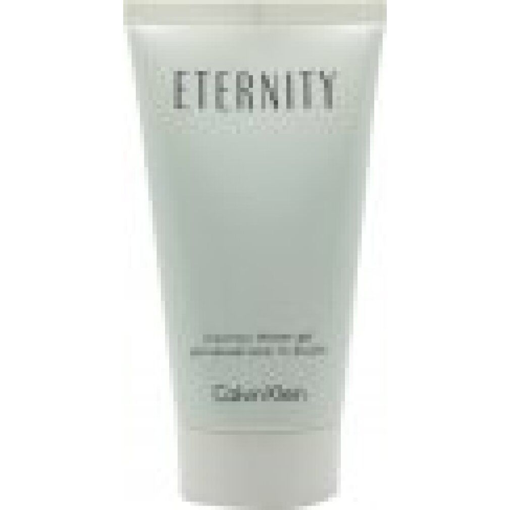 Tubo di gel doccia verde chiaro. Scritta: ETERNITY, Calvin Klein. Testo: luxurious shower gel, gel sensuel pour la douche.
