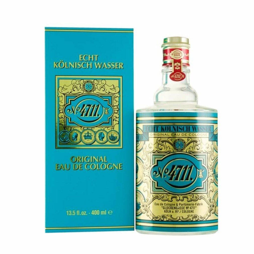 Flacone e scatola di Eau de Cologne. Etichetta turchese e oro con testo e logo. 400 ml.