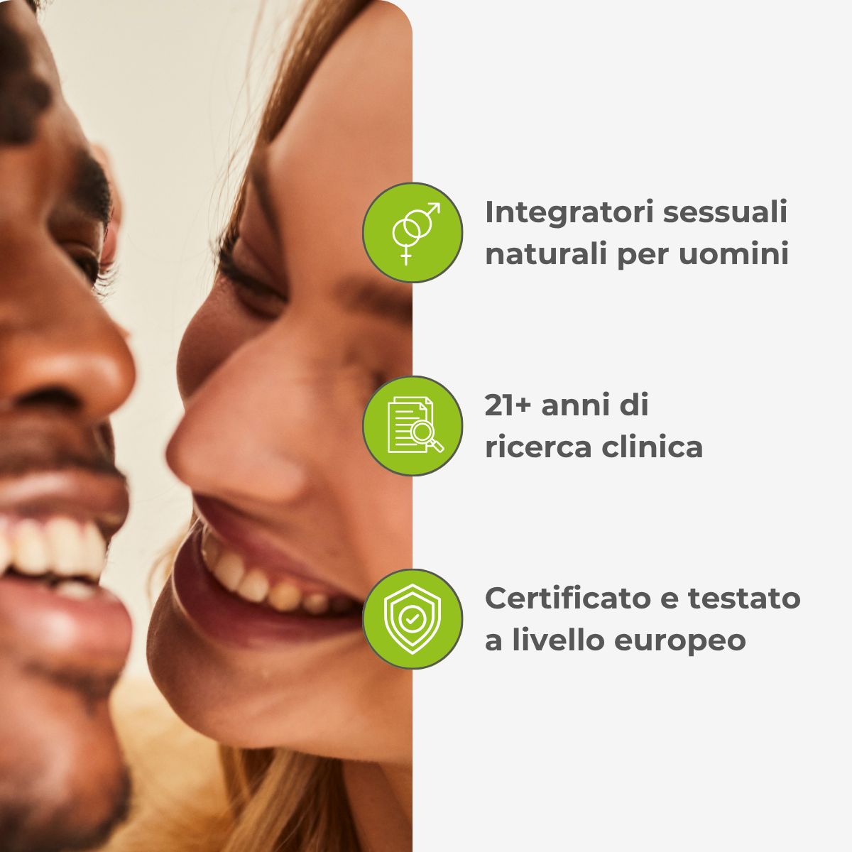 Volti di un uomo e una donna. Testo: Integratori sessuali naturali per uomini. 21+ anni di ricerca clinica.