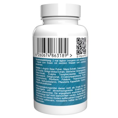 Flacone di capsule bianco con etichetta blu. Codice a barre e QR code. Testo in tedesco: ingredienti, raccomandazioni.