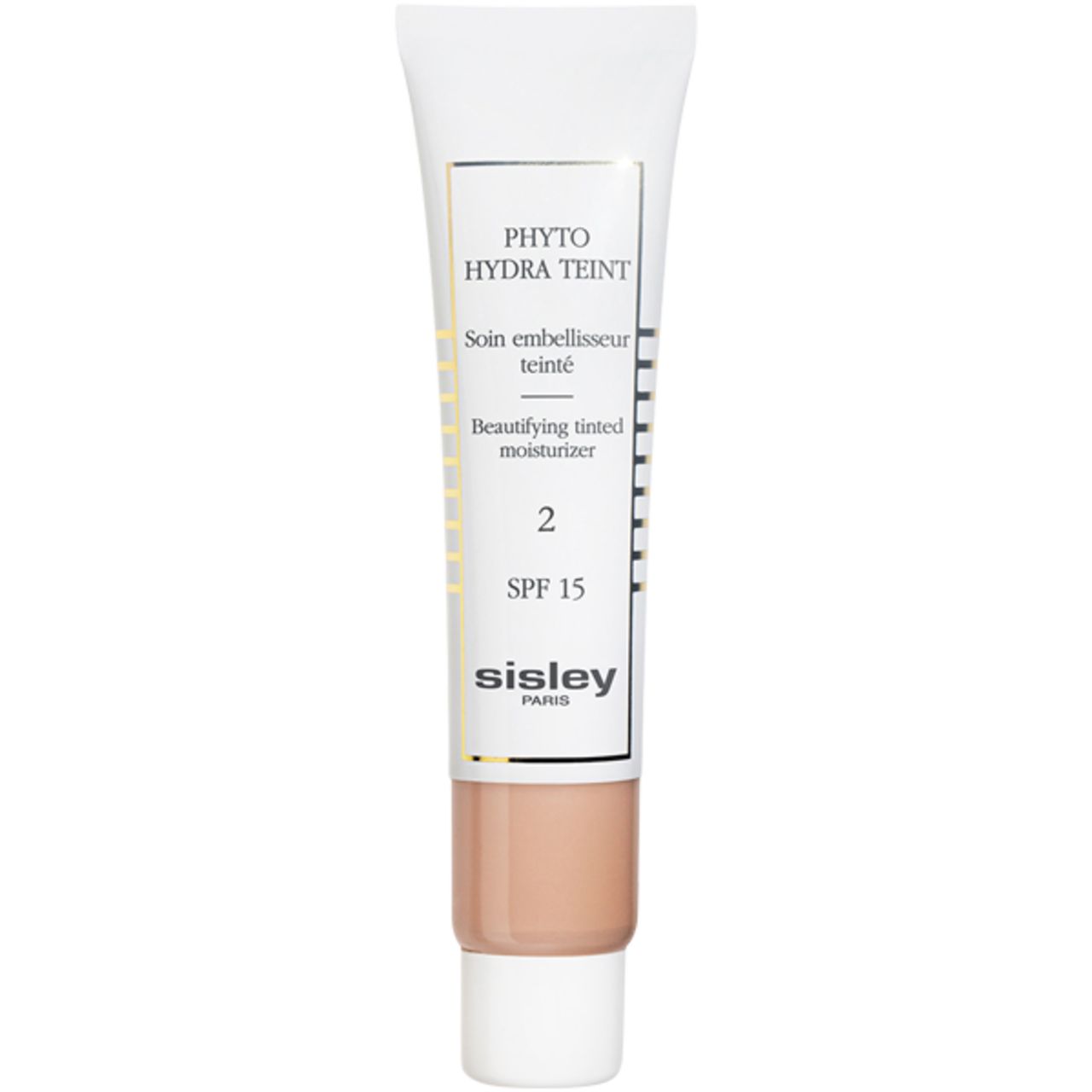 Tubo di crema idratante colorata. Scritta: Phyto Hydra Teint, SPF 15, tonalità 2. Marchio: Sisley Paris.