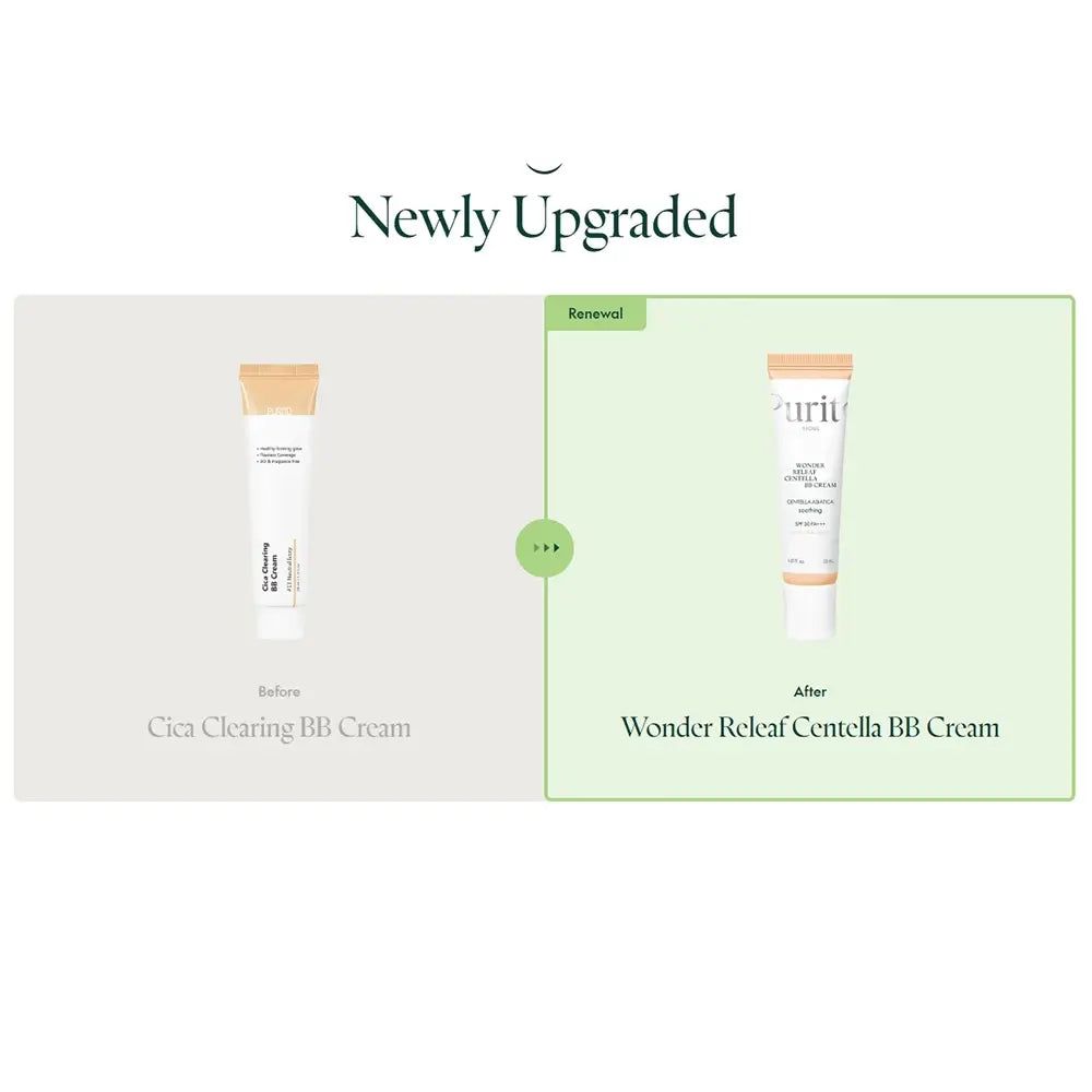 Confronto: Purito Cica Clearing BB Cream (prima) e Wonder Releaf Centella BB Cream (dopo).