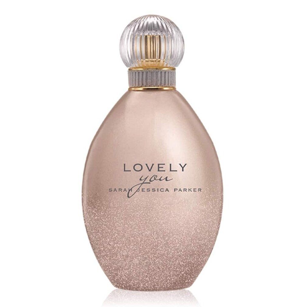 Flacone di profumo a forma di pera, rosa dorato con effetto glitter. Tappo trasparente, collo dorato. Scritta: Lovely You, Sarah Jessica Parker.