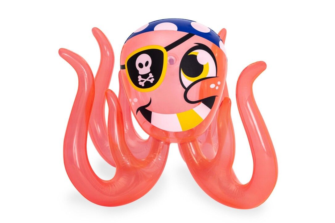 Polpo gonfiabile con design pirata. Corpo rosa, benda blu, sorriso giallo. Su sfondo bianco.