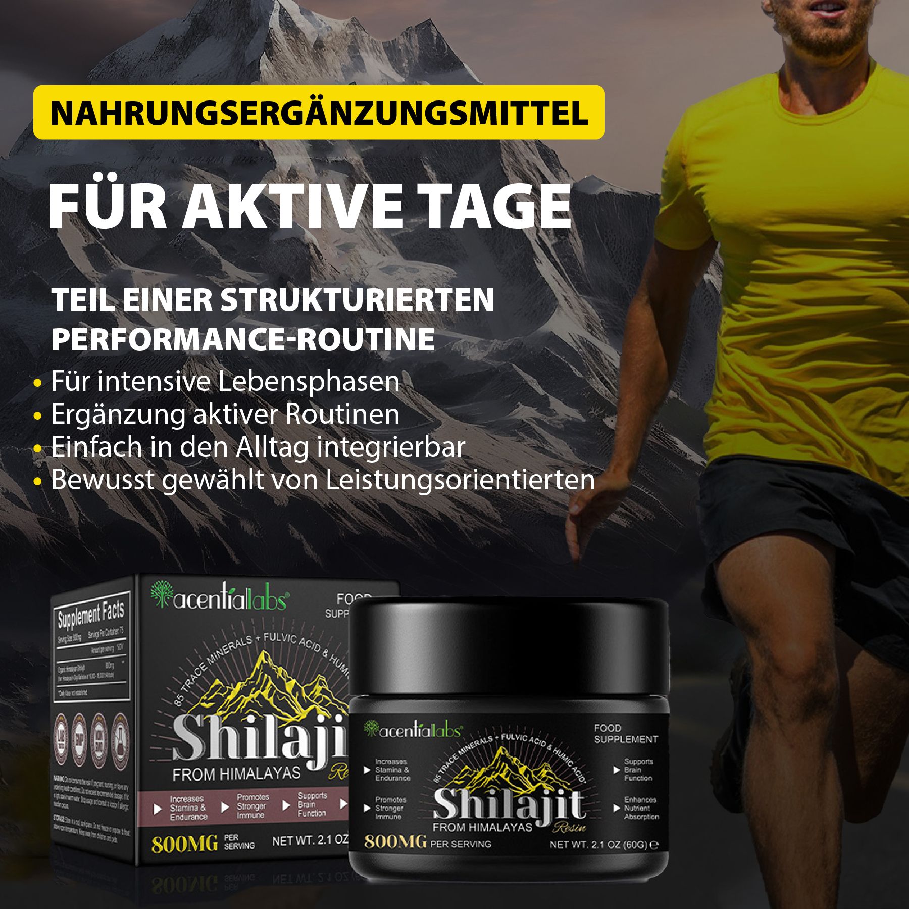 Uomo che fa jogging. Vasetto e scatola di Shilajit. Testo: Integratore alimentare. Per giornate attive. acentialabs.