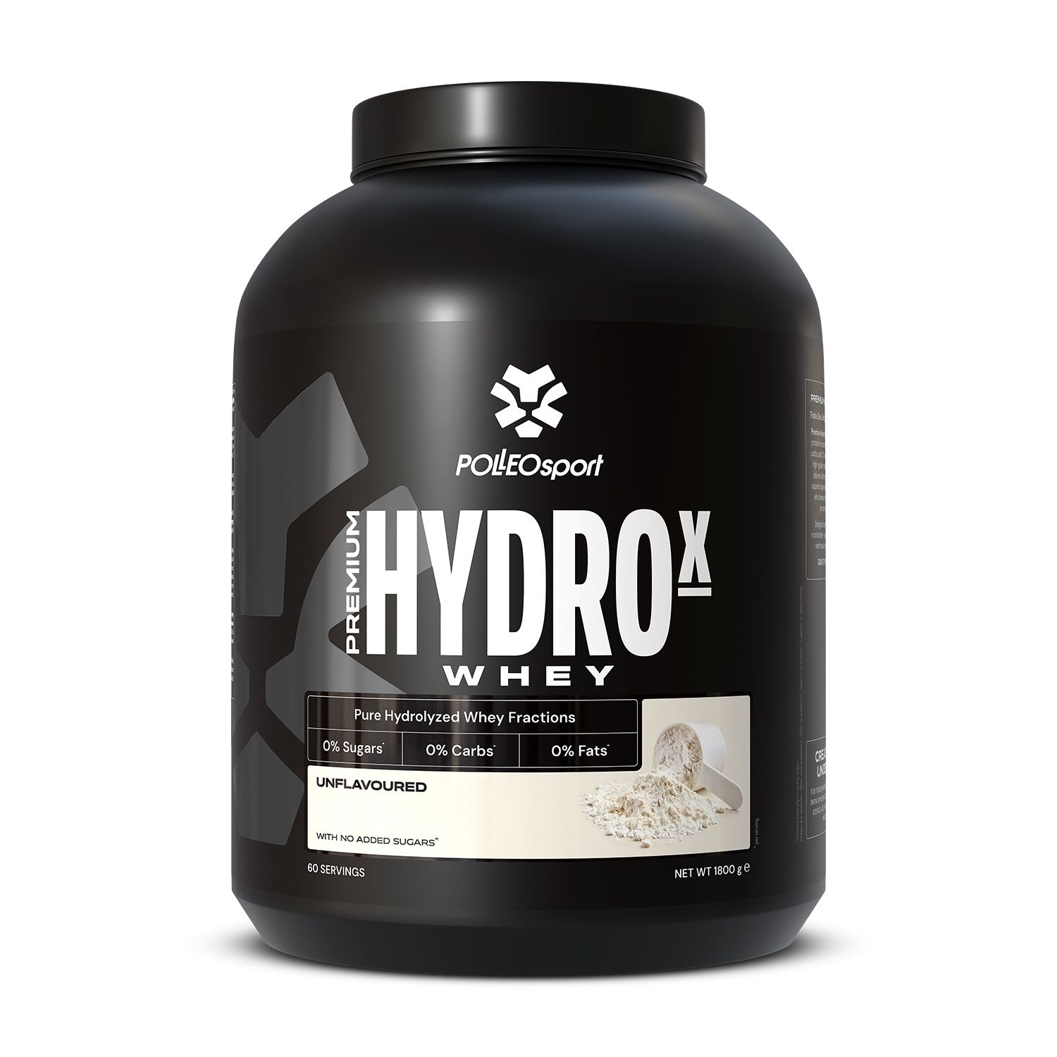 Barattolo nero "HYDROX Whey" con polvere bianca. 0% zuccheri, 0% carboidrati, 0% grassi. Marchio PolleoSport. Non aromatizzato.