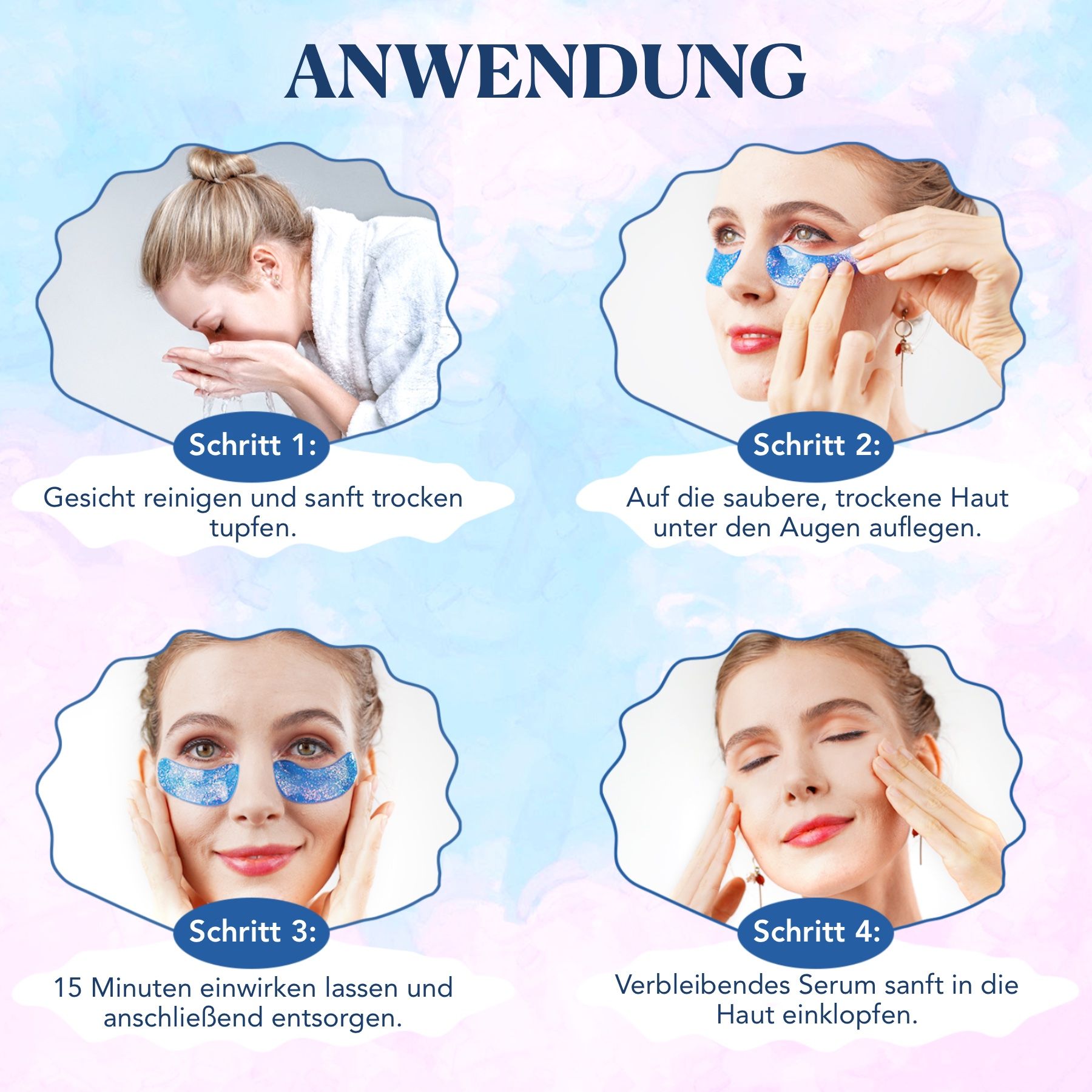 Fasi di applicazione: pulire il viso, applicare i patch per occhi, lasciare in posa 15 minuti, picchiettare il siero.