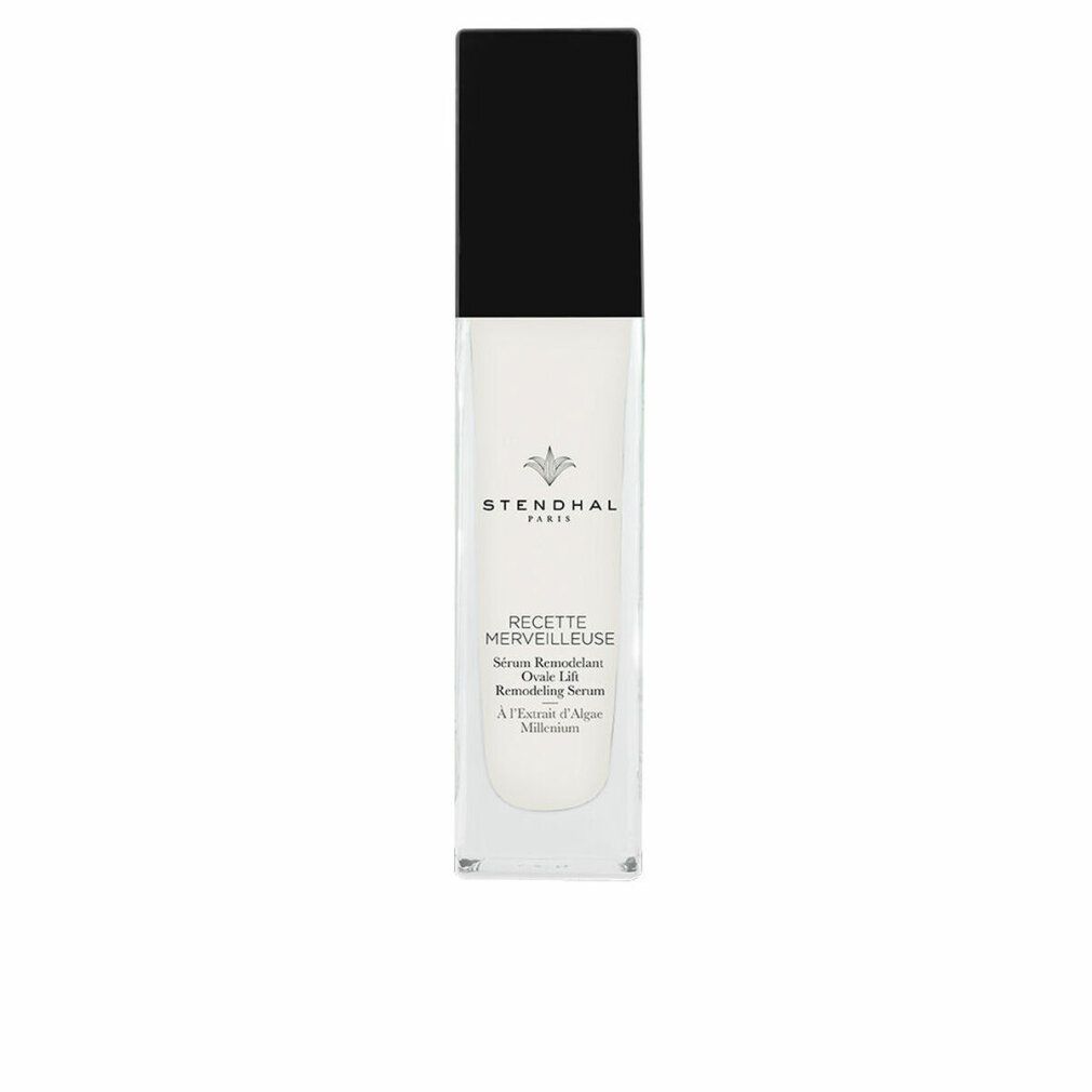 Siero cosmetico in flacone rettangolare con tappo nero. Scritta: Stendhal Paris, Recette Merveilleuse, Sérum Rimodellante Ovale Lift.