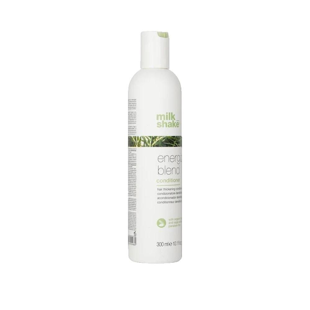 Flacone bianco Milk_shake Energizing Blend Conditioner. Tappo verde ed etichetta con informazioni sul prodotto. 300 ml.