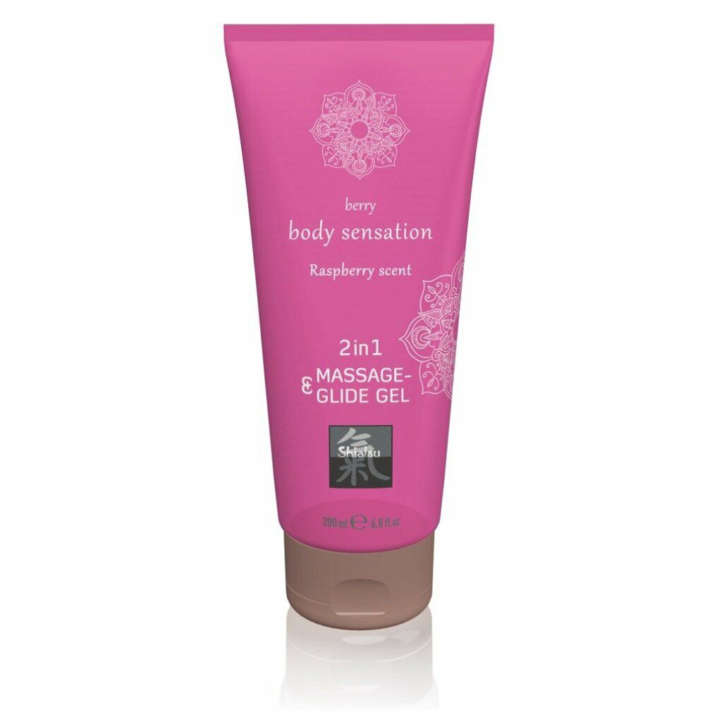 Tubo rosa con gel massaggio e scivolamento. Scritta: berry body sensation, profumo lampone. 2in1 Massage- & Glide Gel.