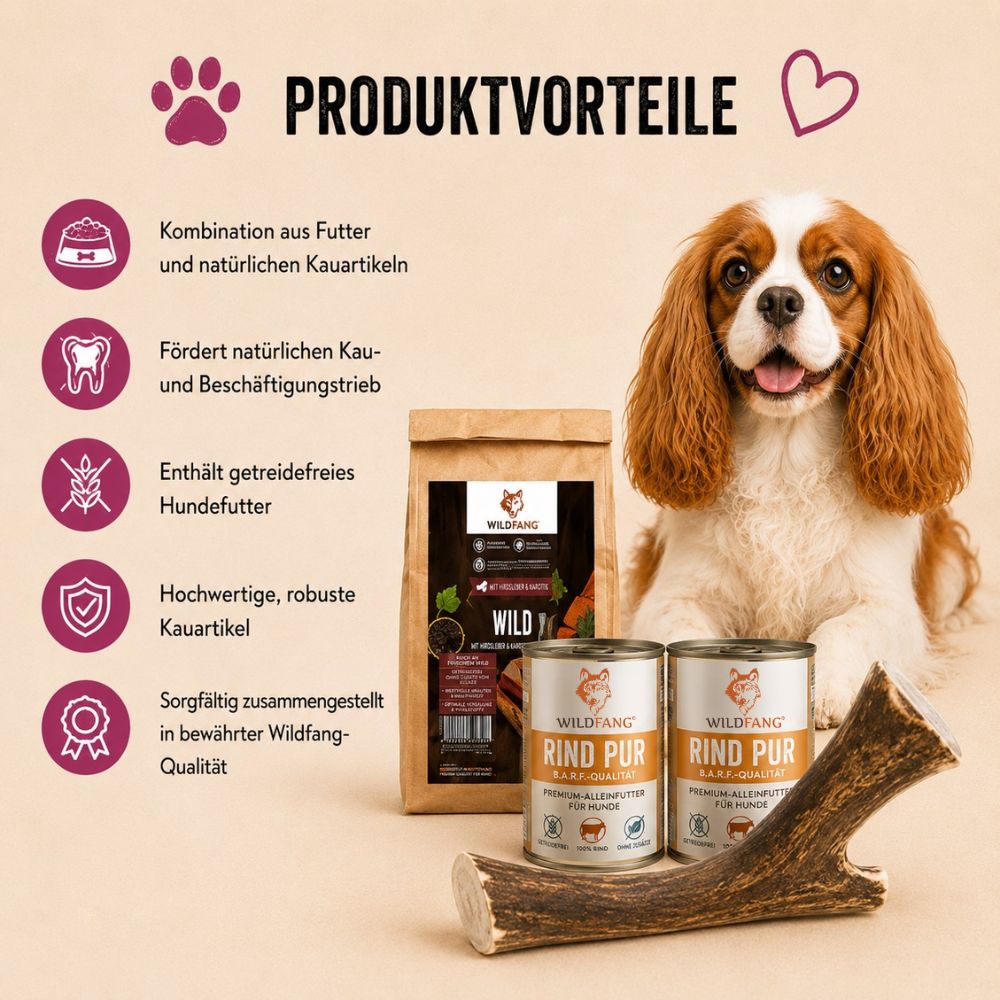 Cibo e snack masticabili Wildfang con vantaggi prodotto e cane.