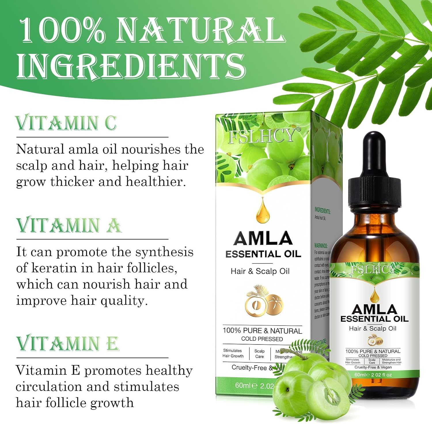 Amla Essential Oil in bottiglia e confezione. Testo: 100% Natural Ingredients. Vitamin C, Vitamin A, Vitamin E. Testo: FSLHCY, 60ml.