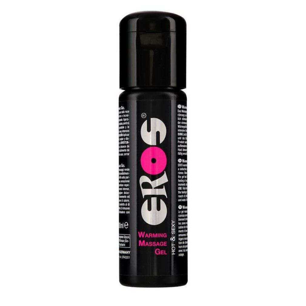 Flacone nero con logo "EROS" e testo. Visibili "Warming Massage Gel" e "Hot & Sexy". Etichetta prodotto con testo.