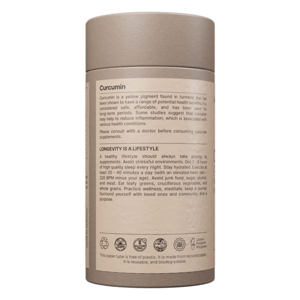 Tubo di cartone grigio con etichetta che descrive gli integratori di curcumina.