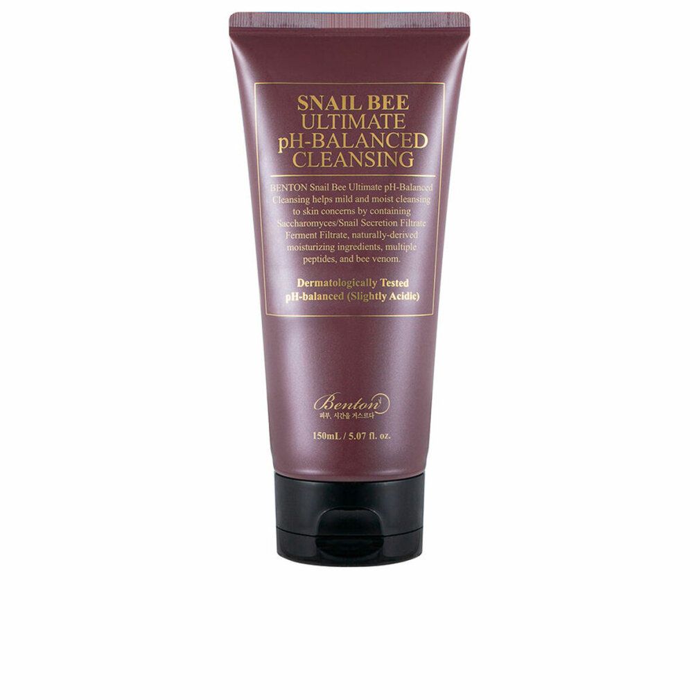 Tubo marrone con tappo nero. Testo: Snail Bee Ultimate pH-Balanced Cleansing. Dermatologicamente testato. Marchio Benton.